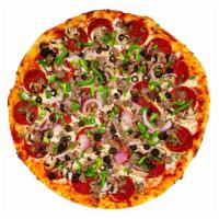 [GF] Meat Supreme · Gluten-free. Pepperoni, sausage, sliced button mushrooms, onions, black olives and green pep...