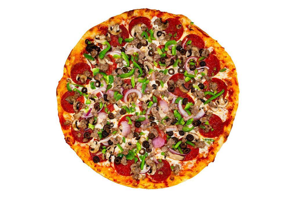 [GF] Meat Supreme · Gluten-free. Pepperoni, sausage, sliced button mushrooms, onions, black olives and green peppers on a marinara base. Gluten free pies are 12
