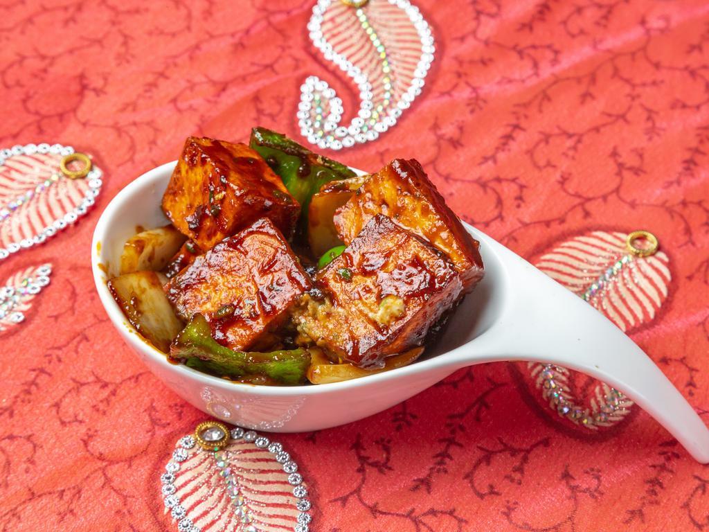 Chili Paneer · Onion, green pepper and grilled paneer. Chili pepper symbol. 
