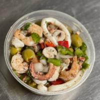 Seafood Salad · Octopus,Shrimp,Calamaris, Green Peppers, Red Peppers, White Onions, Olives in a Fresh Lime J...
