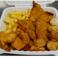 Whiting, shrimp and Scallops Combo · 3 whiting, 4 shrimp and 5 scallops.
With a Side Order of:
Tostones, French Fries or Sweet Po...