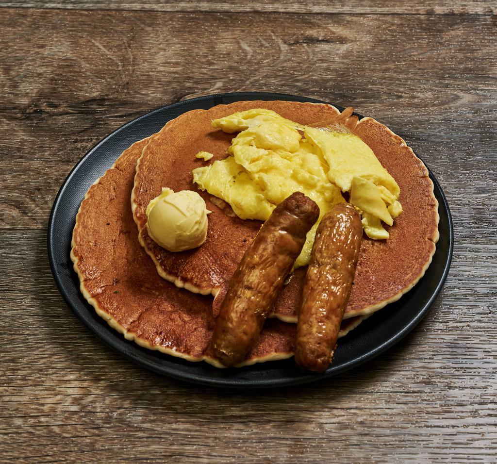 Pancake Combo · 2 large buttermilk pancakes, 2 large eggs any style, served with 2  bacon strips  or sausage links.
