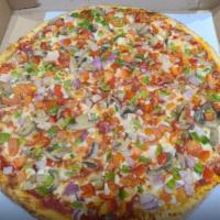 Veggie Pizza · Red pepper, green pepper, onion, and mushroom.