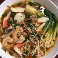 M1. Mala Seafood Noodle Soup · Shrimp, Crabstick meat, Squid, Scallop, Onion, Scallion, Cilantro, Bean Sprout, Mala Beef Br...