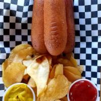 Corn Dogs · 2 battered corn dogs, house chips or fries, ketchup or mustard.