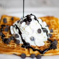 Chocoholic Waffle · Chocolate chips, whip cream, chocolate drizzle.
