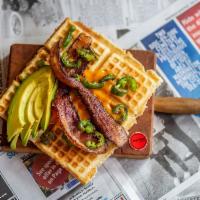 Hot-To-Trot Waffle · Jalapenos, bacon, cheddar, and avocado.