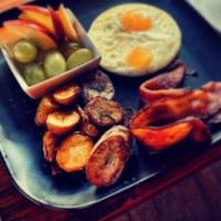 Eggs, Bacon, Potatoes · Egges, Bacon, Home Roasted Potatoes. Served With Fruit