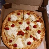 Pugliese Pizza · Shredded mozzarella, Burrata and cherry tomato.