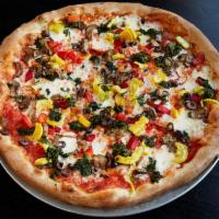 Vegetable Pizza · Zucchini, peppers, olives, spinach and mozzarella.