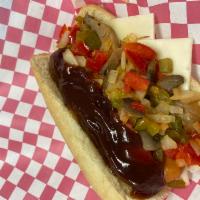 8. Memphis Smokey Dog · BBQ sauce, grilled onions, bacon, cheddar.