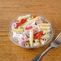 Pasta Salad · Penne pasta, ham, green beans, corn, peas, cherry tomatoes, dry tomatoes, onions, and lite m...