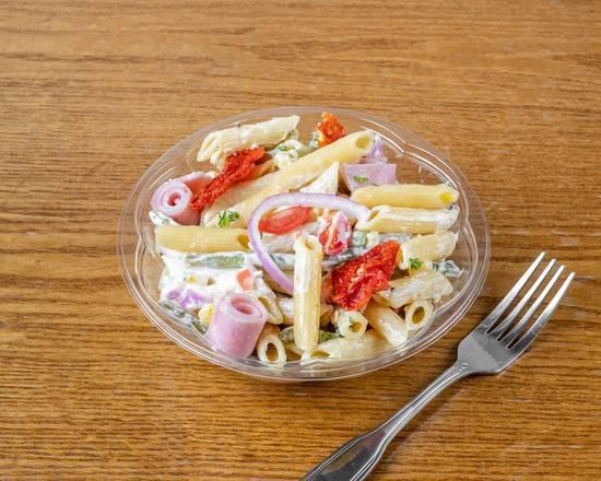 Pasta Salad · Penne pasta, ham, green beans, corn, peas, cherry tomatoes, dry tomatoes, onions, and lite mayonnaise.