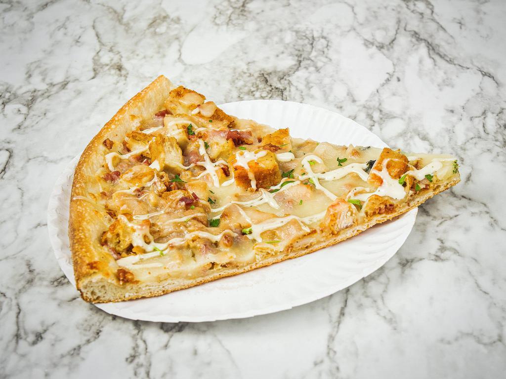 Country Chicken Crispy Pizza · Chicken, bacon and ranch dressing.