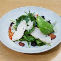 Pollo Salad · Served with baby lettuce, avocado, datterini tomatoes confit, olives, toasted almonds, musta...