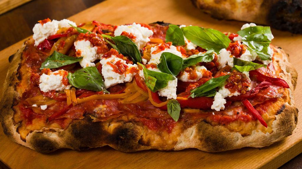 Diavola  · Tomato, ricotta, salame piccante, and roasted peppers. 