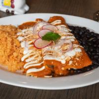 Veggie  Enchilada · Served with rice beans, sour cream, fresh cheese and red onion.