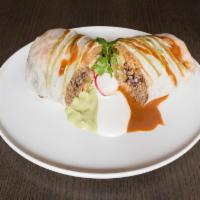 Burritos · Rolled flour tortilla with rice, beans, Jack and cheddar cheese. 
Topped with chipotle sauce...