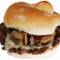 Mushroom Swiss Burger · The Ground Steak Burger topped with Swiss cheese and grilled mushrooms