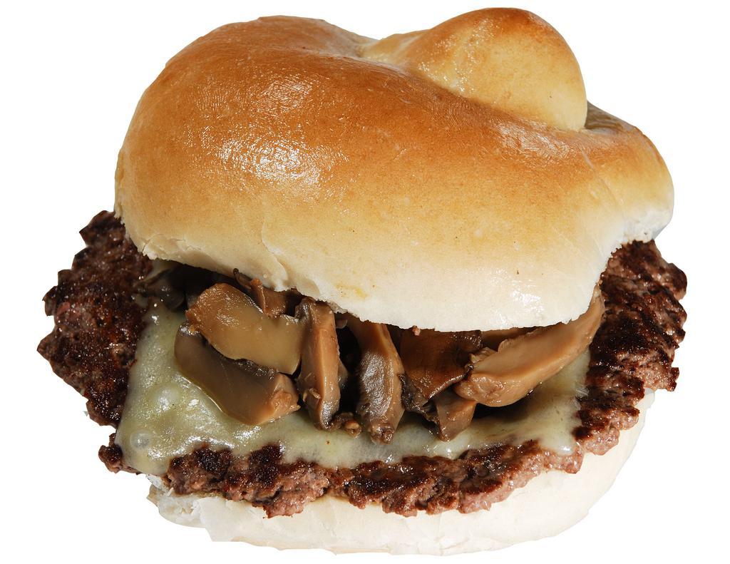 Mushroom Swiss Burger · The Ground Steak Burger topped with Swiss cheese and grilled mushrooms