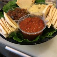 Mediterranean Salad Platter · Pick 3: tehini, hummus, babaganush Turkish salad, matbucha or Spanish eggplant.