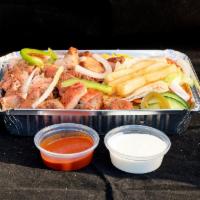 Chicken Over Rice Platter · Served with rice, chicken, mixed salad, fries, and jalapeno pepper hot sauce-white sauce.