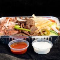 Mix Over Rice Platter · Served with rice, chicken, lamb, mixed salad, fries, and jalapeno pepper hot sauce-white sau...