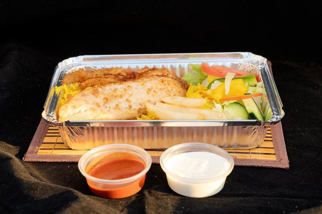 Fish Over Rice Platter · Served with rice, fish, mixed salad, fries, and jalapeno pepper hot sauce-white.