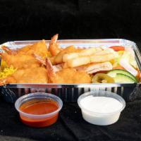Shrimp Over Rice Platter · Served with rice, shrimp, mixed salad, fries, and jalapeno pepper white sauce.