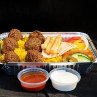 Falafel Over Rice Platter · Served with rice, fish, mixed salad, fries, and jalapeno pepper hot sauce-white.