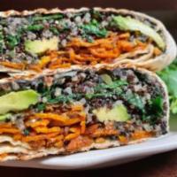 VEGAN WRAP · w/ Mexican black beans, sweet potato noodles, saute'ed kale with quinoa and avocado in whole...