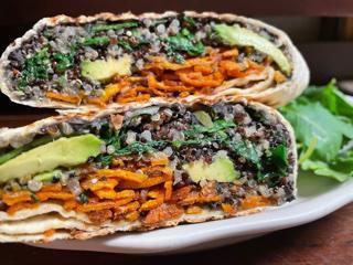 VEGAN WRAP · w/ Mexican black beans, sweet potato noodles, saute'ed kale with quinoa and avocado in whole wheat wrap