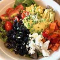 ZESTY CHOPPED SALAD  · Green leaf, Roasted red peppers, Corn, Black beans, Tomato, Avocado, Crumbled feta w/Poblano...