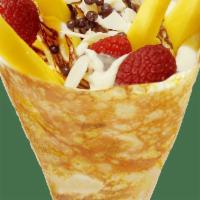 *M2. Mango Raspberries · Fresh mango, raspberries, custard cream, whipped yogurt, chocolate pearls, chocolate sauce, ...