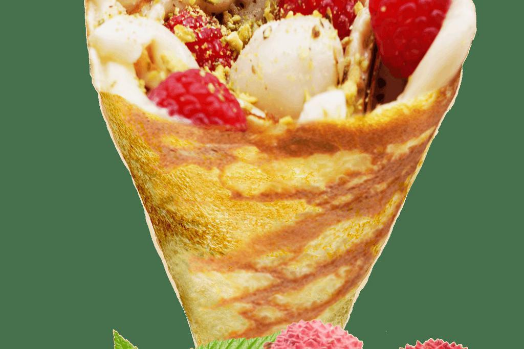 *M7. Lychee Romantic · Lychees, raspberries, rose custard cream, whipped yogurt, and crushed pistachio.