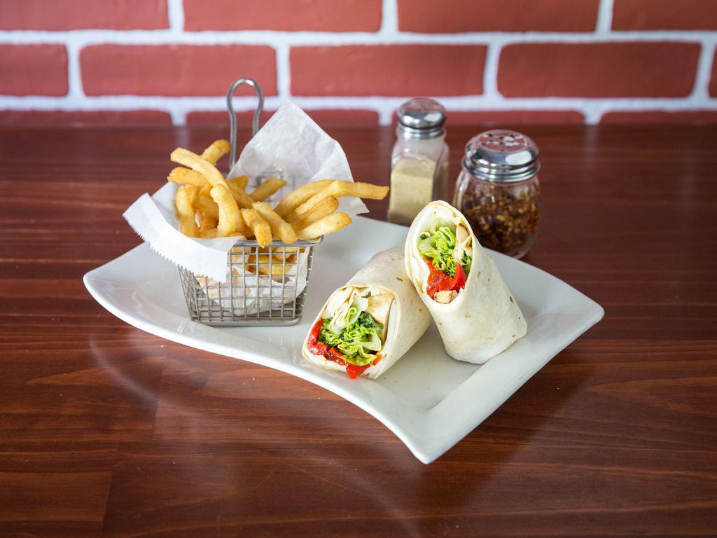 Patricia's Wrap · Grilled chicken, roasted red peppers, fresh mozzarella, romaine lettuce, and balsamic vinegar.
