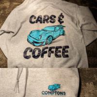 Medium Heather Grey Hooide  · Coffee and Cars style with new Compton's logo
