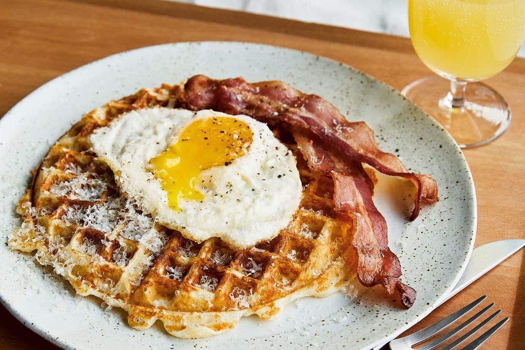 Waffle with Two Eggs, Bacon and Sausage · 