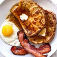 French Toast with Two Eggs, Bacon and Sausage · 