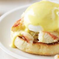 Crab Benedict · English muffin, seasoned crab meat, poached egg & maple hollandaise over mixed greens or pot...
