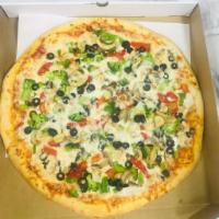 Vegetable Pizza · Tomato, onions, black olives, roasted peppers, mushroom.