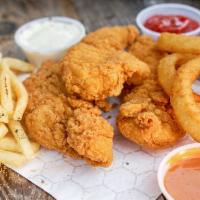 Chicken Strips and Fries · Breaded or battered crispy chicken sandwich. Onion rings for an additional charge.