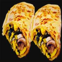 Sausage, Egg and Cheese Paratha Wrap Breakfast  · A rolled filled artisan paratha with pork sausage, egg and cheddar cheese 