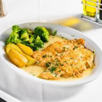 Chicken Francese · Egg battered with butter, wine and lemon sauce. Served with potatoes and vegetables.