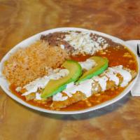 2 Enchiladas · Served with rice and beans, cream, mexican cheese and avocado.