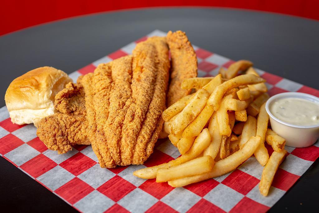 Catfish Combo- 2 piece · 2 large pieces of breaded farm raised catfish with fries, 2 slices of bread, and tarter.