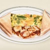 Greek Omelette · Spinach, feta and tomato. Served with home fries and toast.