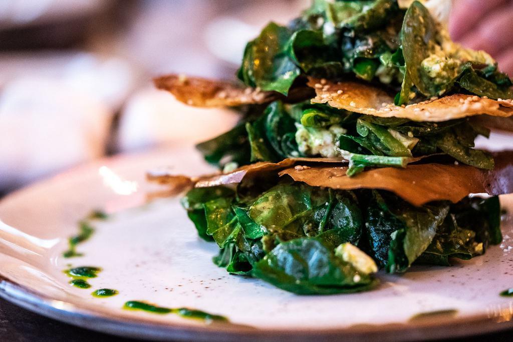Spinach Pie salad · raw deconstructed spinach pie made of baby spinach, crispy phyllo, feta & Greek ricotta, honey & dill vinaigrette