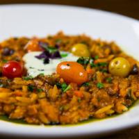 Veggie Orzo · seasonal vegetables, cherry tomato confit, crushed Kalamata olives, herbs, feta mousse and t...