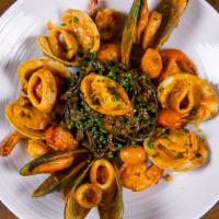 Squid Ink Linguini · shrimp, mussels, Little Neck clams, calamari, cherry tomatoes, fresh herb, wine white tomato...
